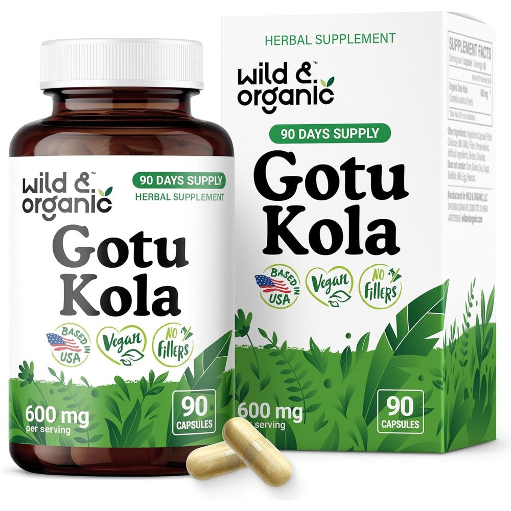 Wild and Organic Gotu Kola 600mg capsules front bottle view for brain support
