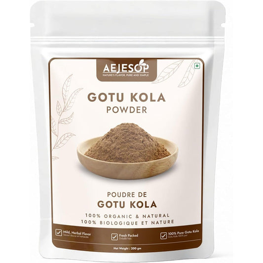 AEJESOP Organic Gotu Kola Powder 200g bag front view showing packaging details.