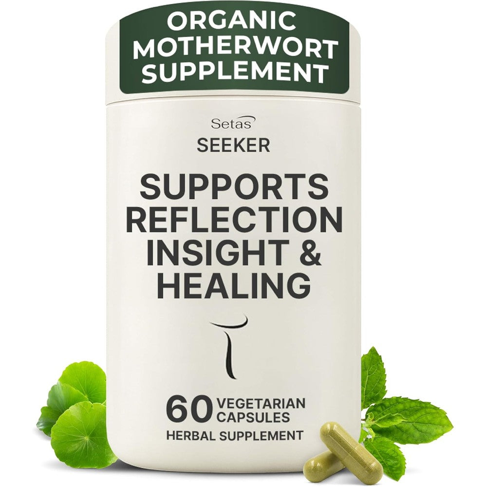 Setas Seeker Organic Motherwort front view bottle showing 60 vegan capsules.
