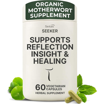 Setas Seeker Organic Motherwort front view bottle showing 60 vegan capsules.