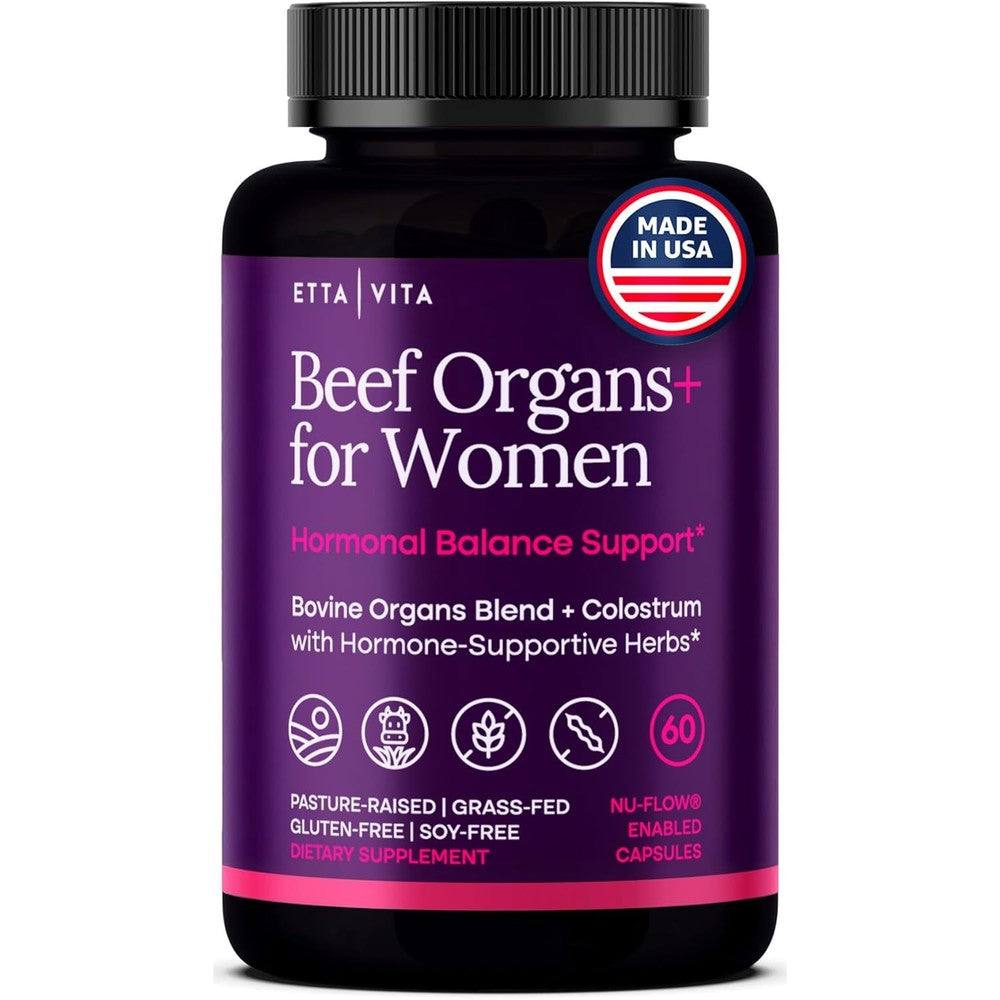 Etta Vita Primal Beef Organ Supplement for Women front bottle view showing 60 capsules.