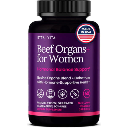 Etta Vita Primal Beef Organ Supplement for Women front bottle view showing 60 capsules.