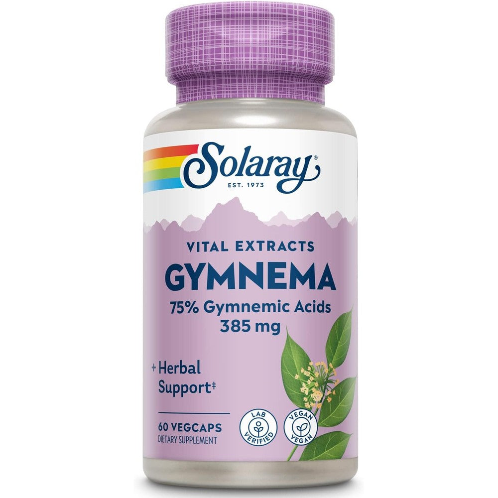 Solaray Guaranteed Potency Gymnema Leaf Extract 385 mg bottle front view for herbal blood sugar control supplement