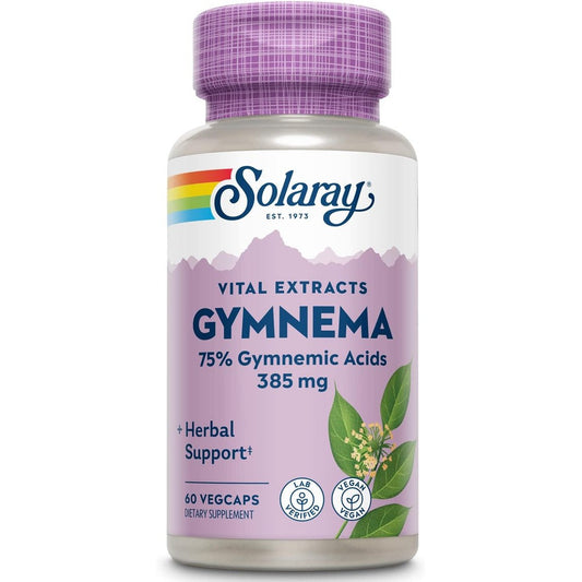 Solaray Guaranteed Potency Gymnema Leaf Extract 385 mg bottle front view for herbal blood sugar control supplement
