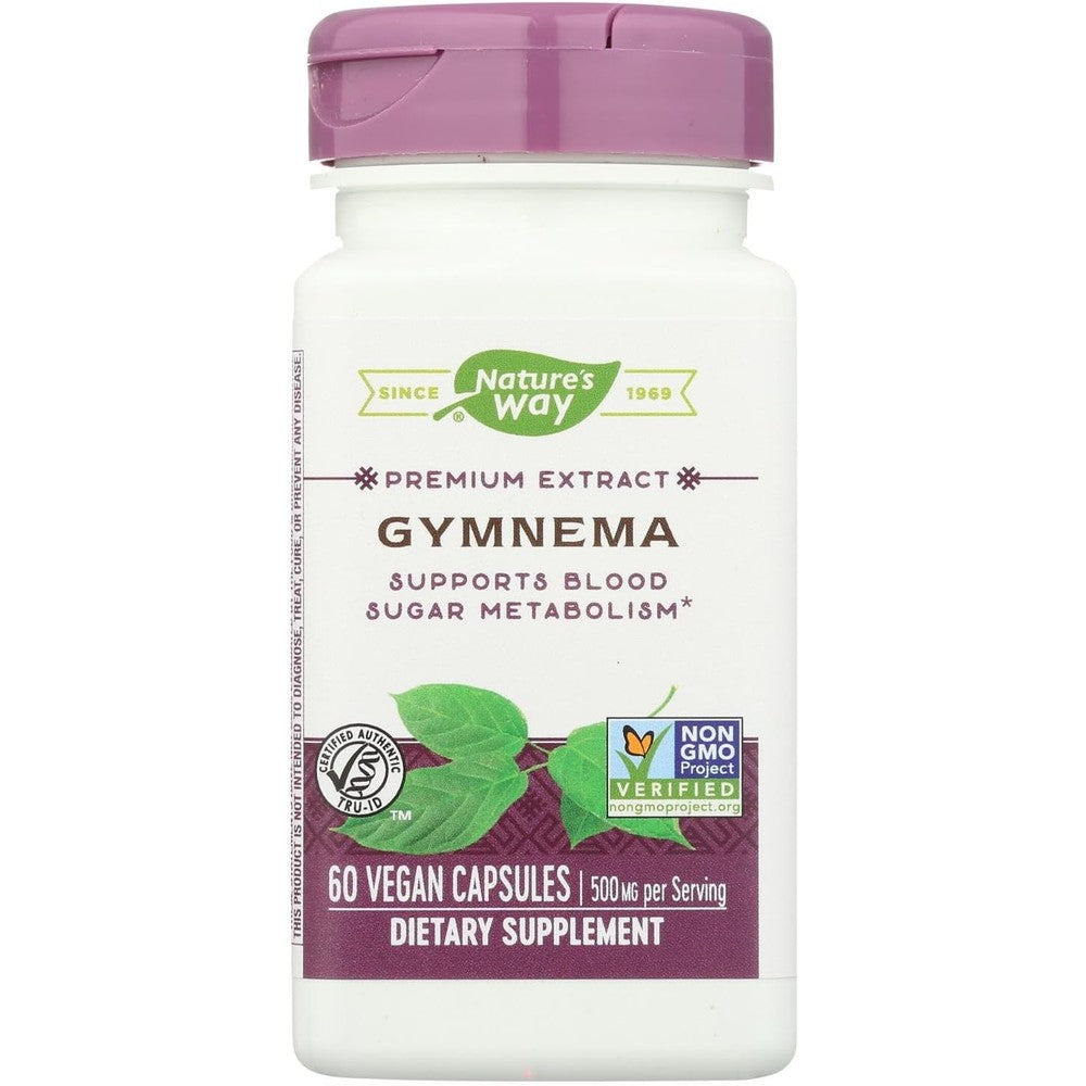 Nature's Way Gymnema Standardized Extract 60 vegetarian capsules front view bottle showing premium herbal supplement label.