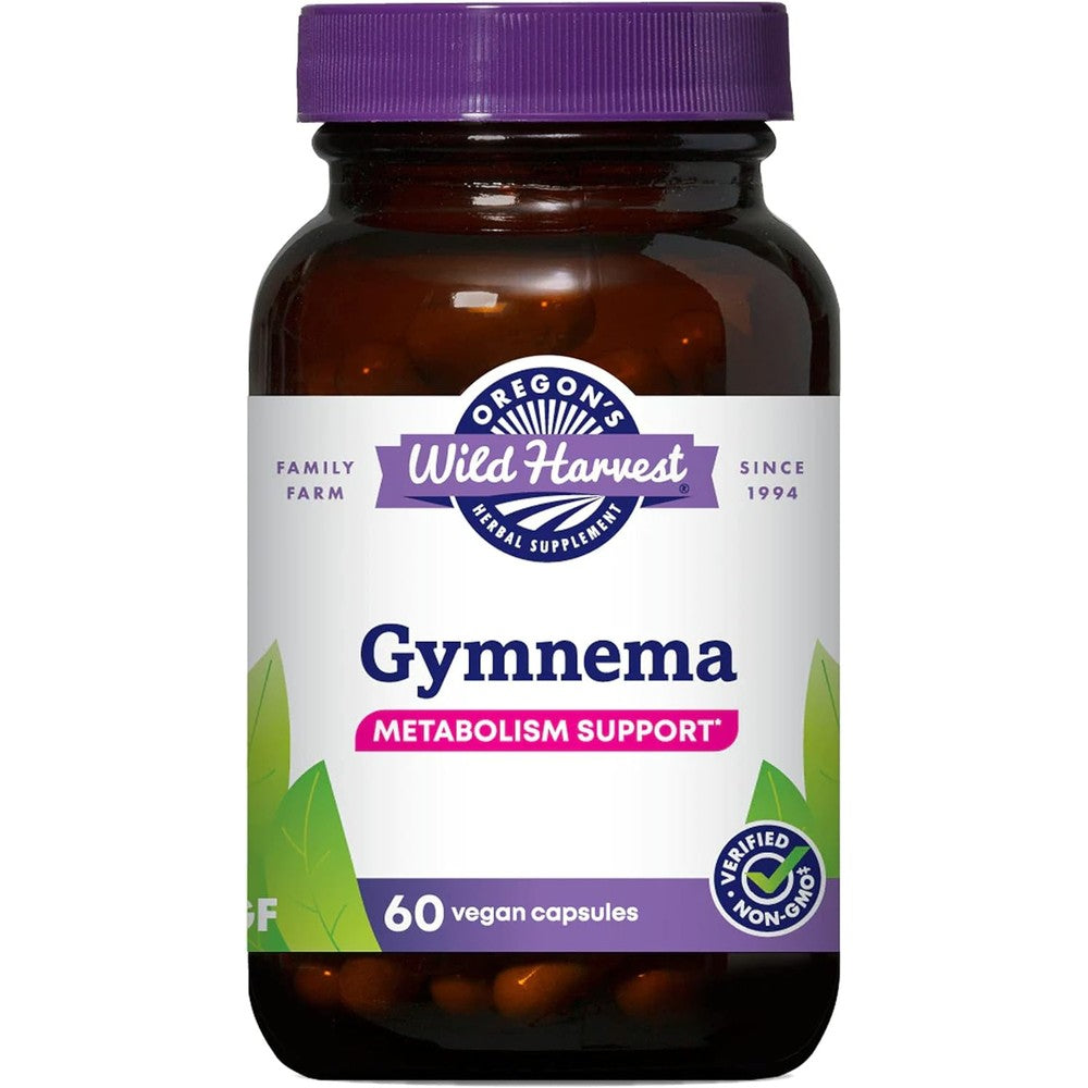 Oregon's Wild Harvest Gymnema supplement front view bottle for blood sugar control.