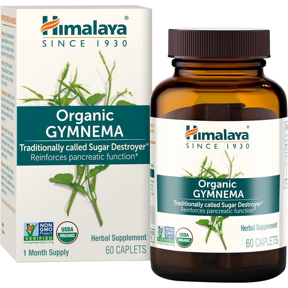 Himalaya Organic Gymnema Sylvestre 60 caplets front view bottle for glucose metabolism support.