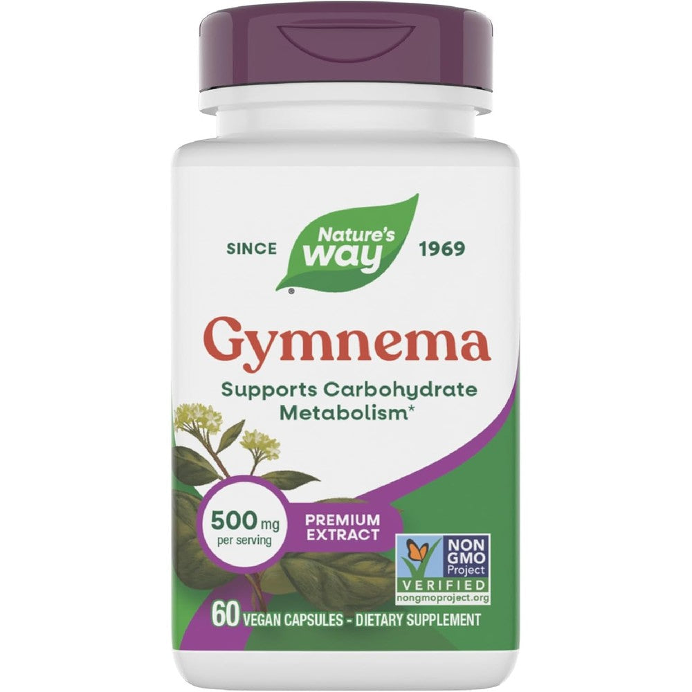 Nature's Way Gymnema Premium Extract 60 vegan capsules front bottle view for blood sugar support.