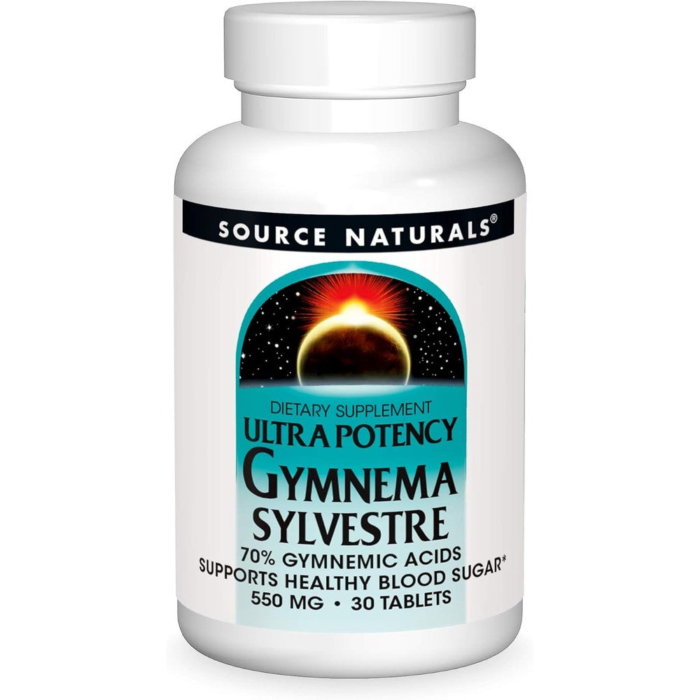 Source Naturals Ultra Potency Gymnema Sylvestre 550mg 30 Tablets front bottle view showing blood sugar support benefits