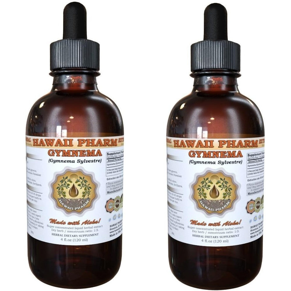 Hawaii Pharm Gymnema Sylvestre Liquid Extract front view of two four fluid ounce bottles showing the authentic USA imported supplement packaging.