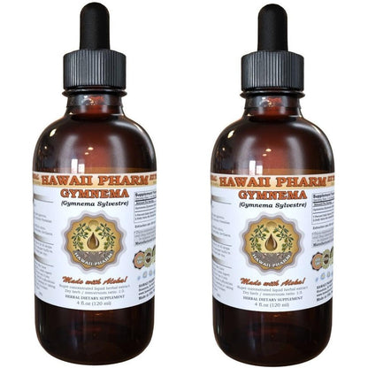 Hawaii Pharm Gymnema Sylvestre Liquid Extract front view of two four fluid ounce bottles showing the authentic USA imported supplement packaging.