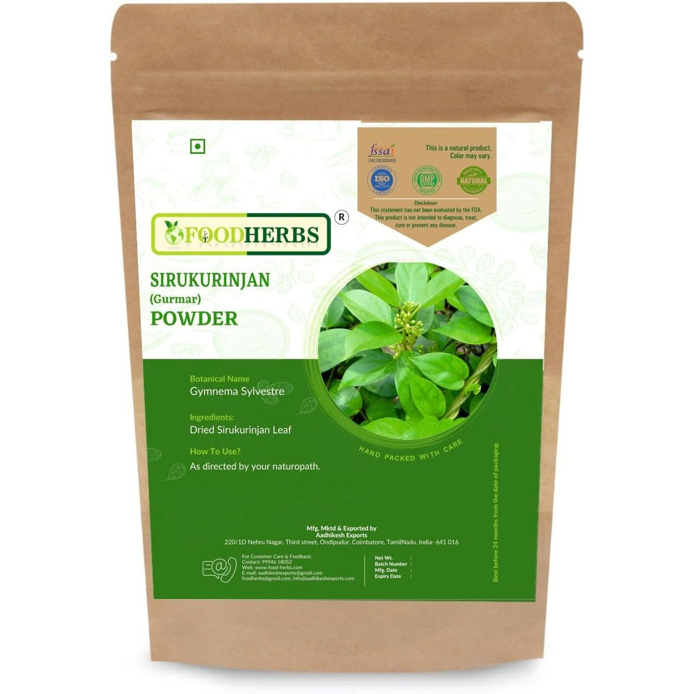 Foodherbs Gymnema Sylvestre Powder 200g front view of original sealed bag showing botanical product details.