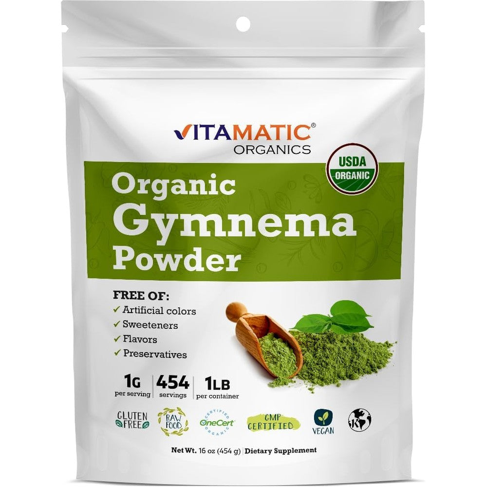 Vitamatic Organic Gymnema Leaf Powder front view packaging of the USDA certified supplement bag.