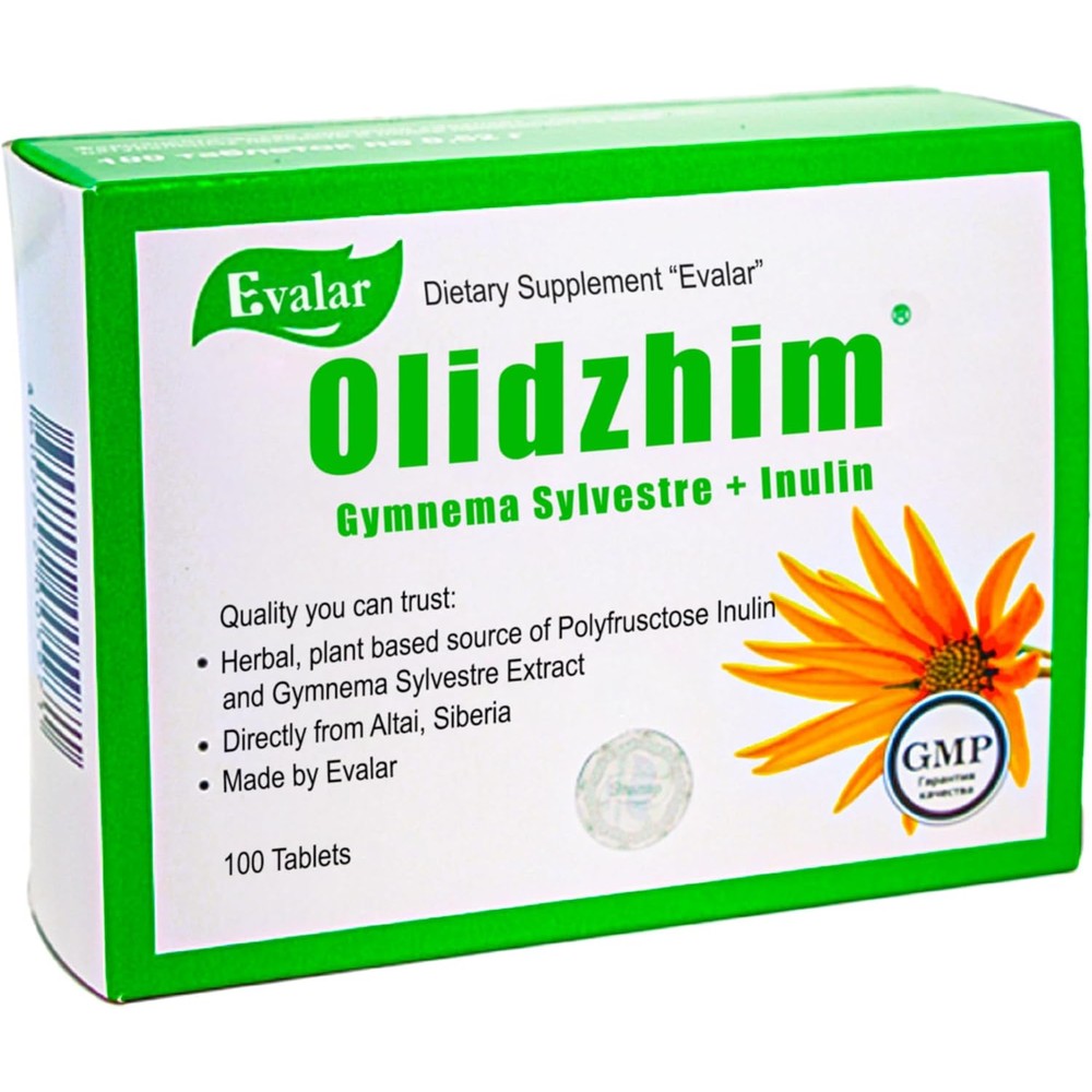 Evalar Gymnema Sylvestre Inulin Olidzhim 100 Tablets front view showing packaging for metabolic support.