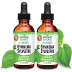 Botanic Choice Gymnema Sylvestre Liquid Extract front view of two pack herbal supplement bottles with dropper caps.