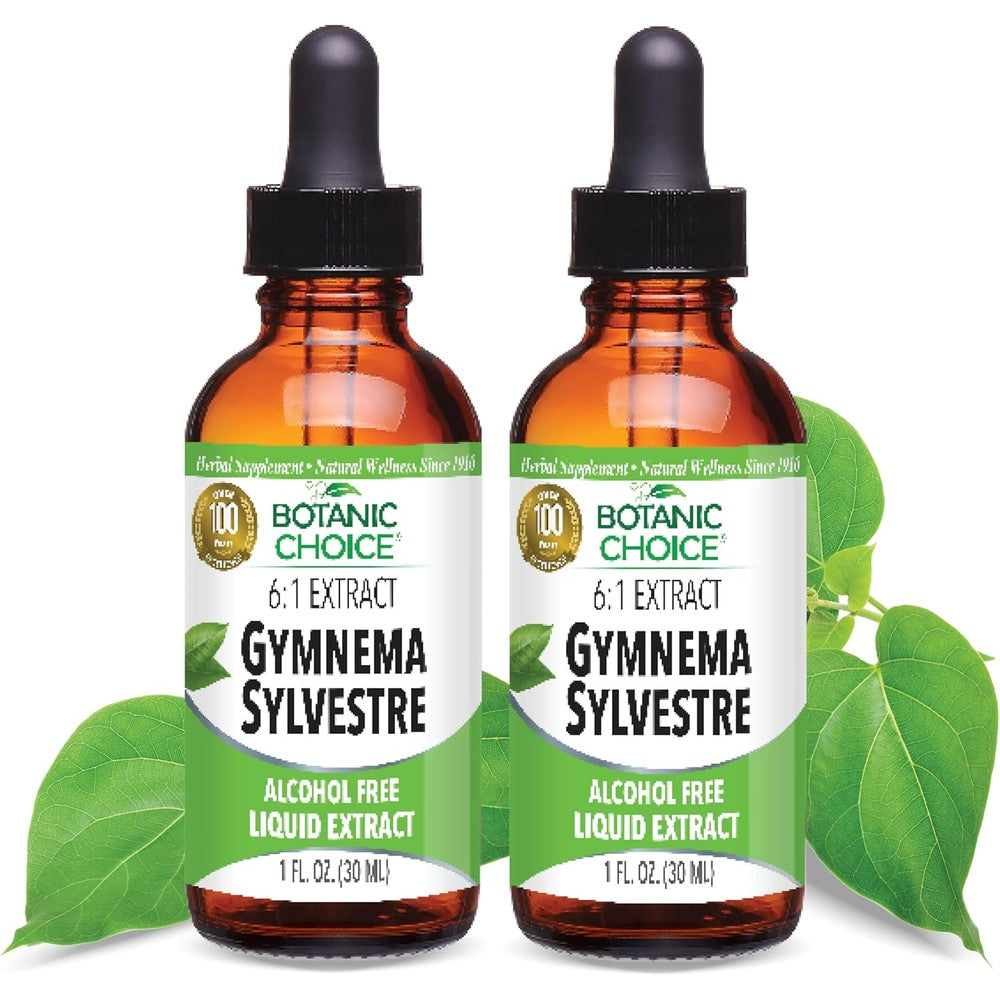 Botanic Choice Gymnema Sylvestre Liquid Extract front view of two pack herbal supplement bottles with dropper caps.