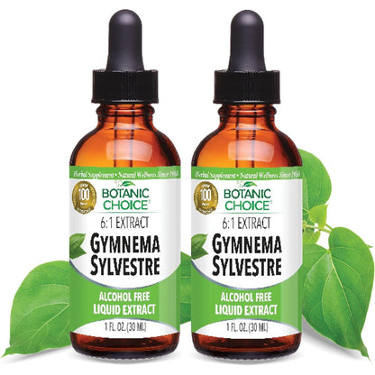 Botanic Choice Gymnema Sylvestre Liquid Extract front view of two pack herbal supplement bottles with dropper caps.