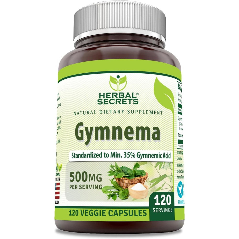 Herbal Secrets Gymnema Supplement front view bottle containing 120 vegan capsules for glucose management.