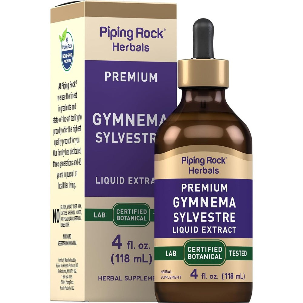Piping Rock Gymnema Sylvestre Extract Liquid Drops 4 Ounce front view bottle for natural blood sugar support.