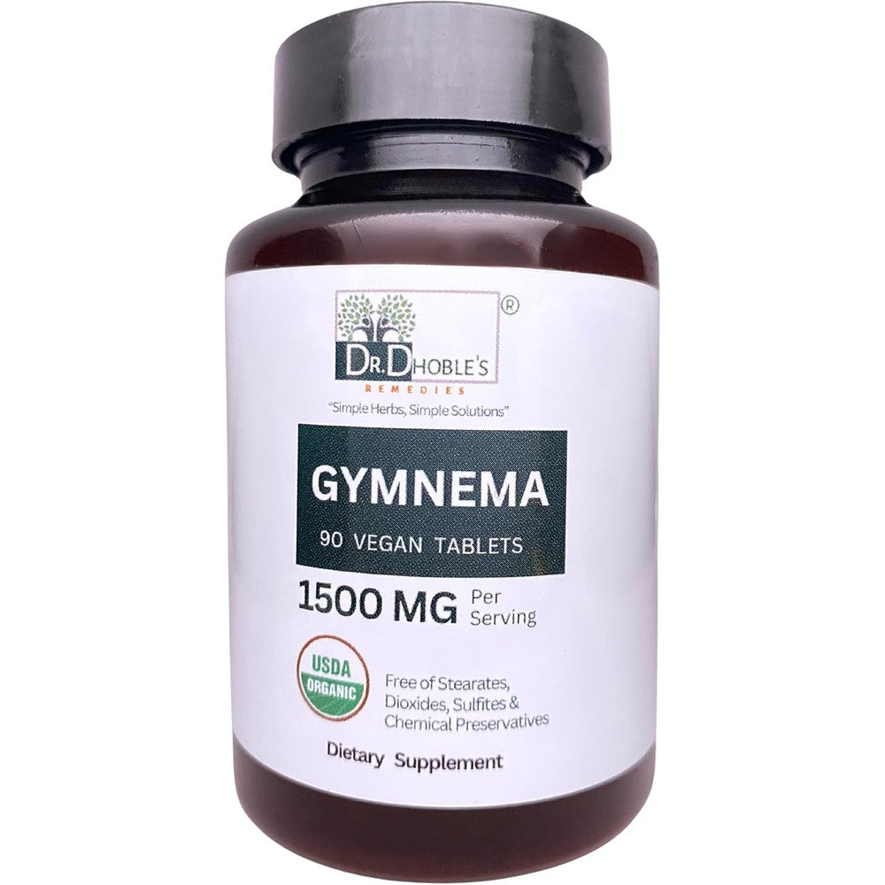 Dr. Dhoble's Remedies Gymnema Sylvestre 1500mg 90 vegan tablets front bottle view organic blood sugar supplement