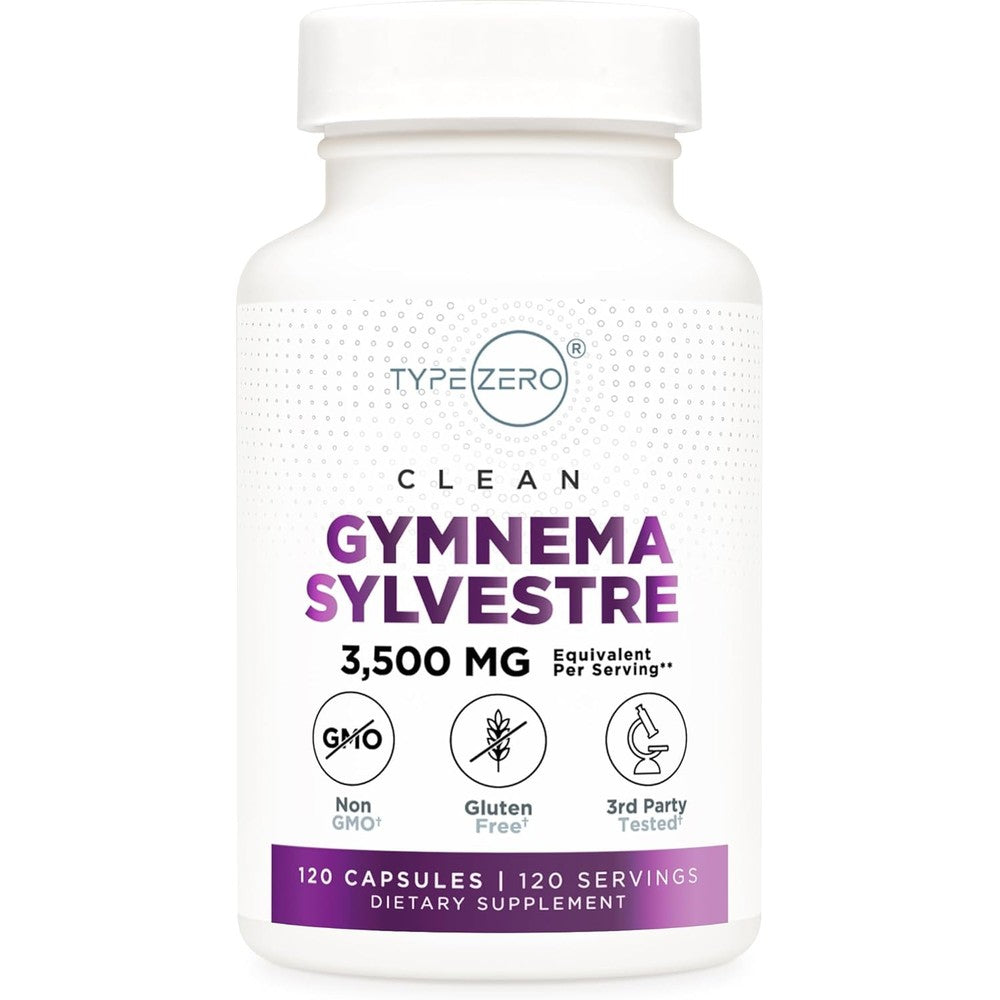 Type Zero Clean Gymnema Sylvestre Extract 120 Capsules front view bottle showing 3500 milligram serving details.
