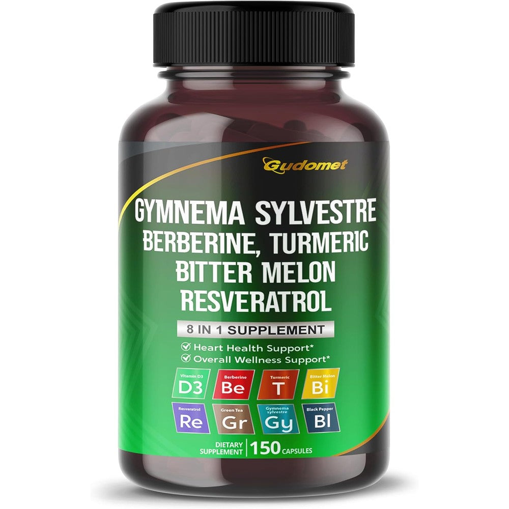 Gudomet 8 in 1 Herbal Supplement 150 capsules bottle front view showing gymnema berberine and turmeric blend