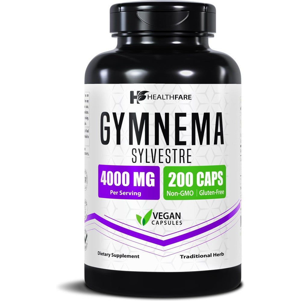 HealthFare Gymnema Sylvestre 4000mg supplement front view bottle for blood sugar support