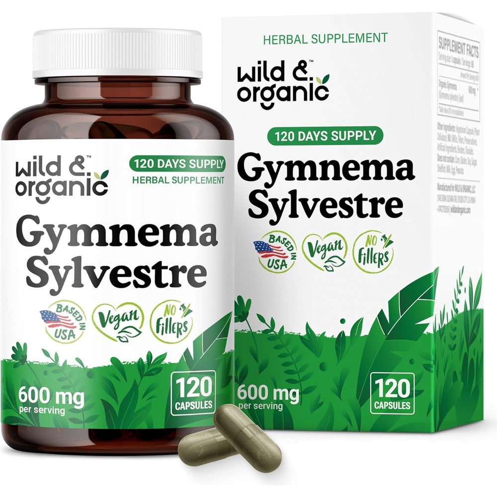 Wild & Organic Gymnema Sylvestre 600mg front view showing authentic imported wellness bottle packaging.