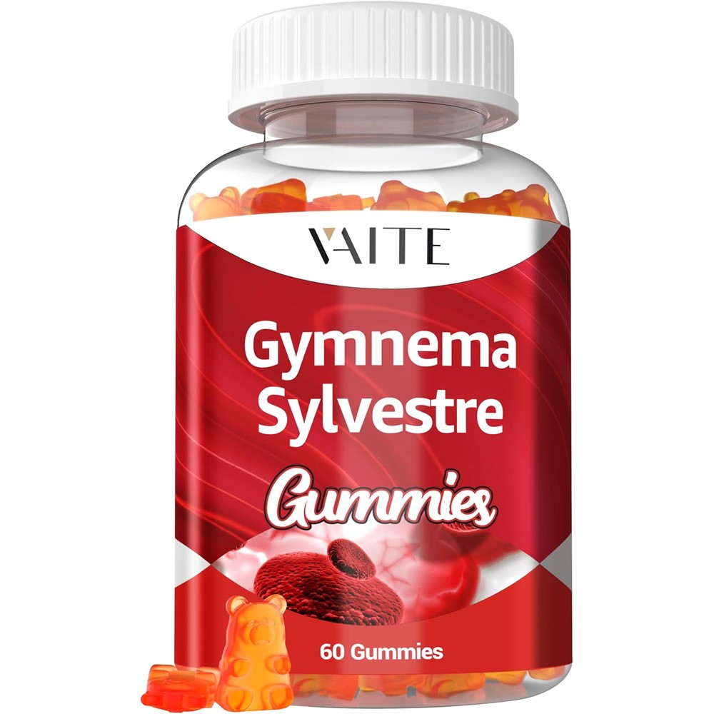 VAITE Gymnema Sylvestre 600mg vegan gummies front view bottle label showing blood sugar support benefits