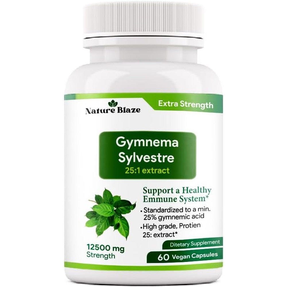 Nature Blaze Gymnema Sylvestre 12500 mg capsules front view bottle showing dietary supplement facts.