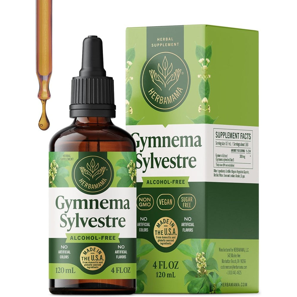 Herbamama Gymnema Sylvestre Drops front view bottle for blood sugar support.