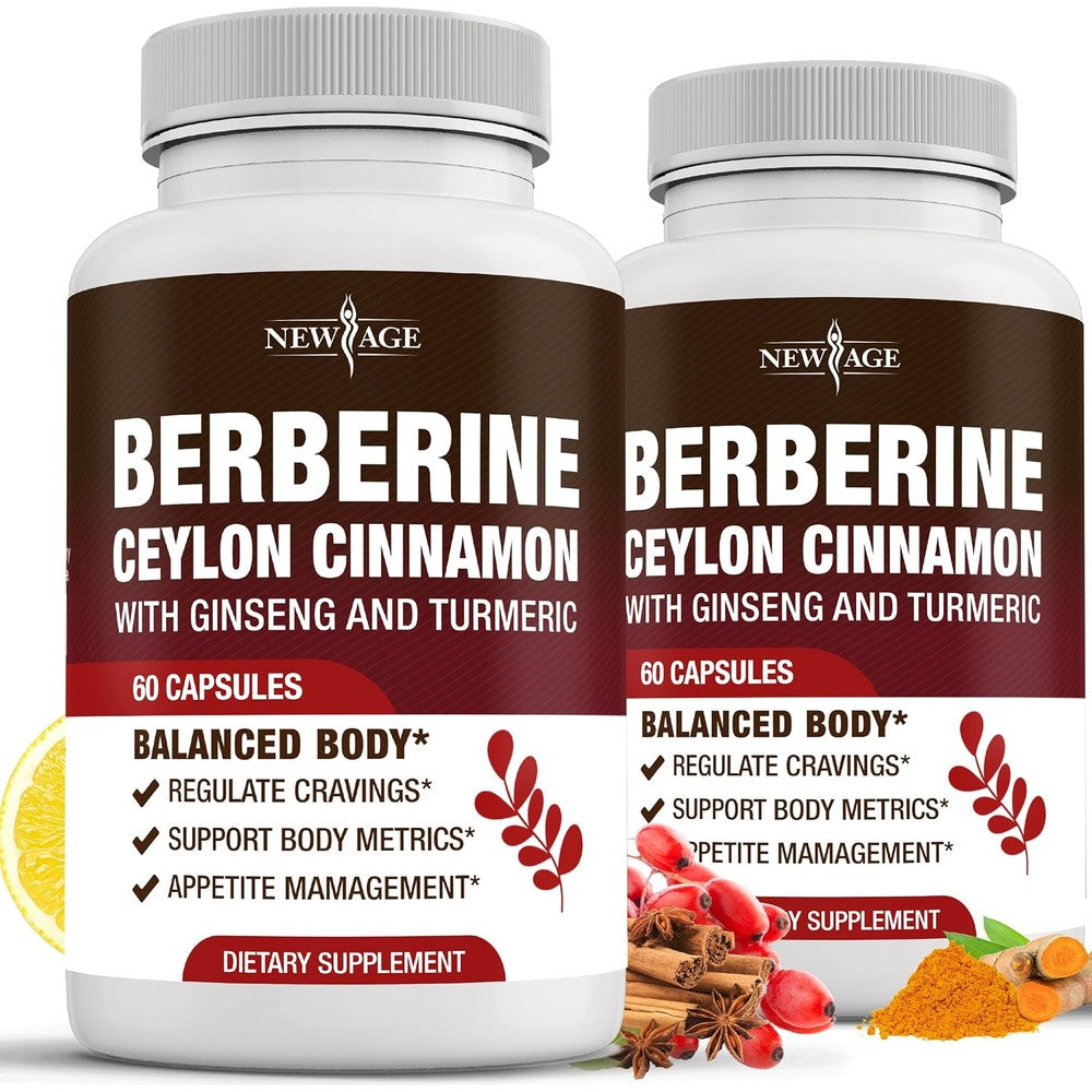 NEW AGE Berberine HCL Plus Ceylon Cinnamon and Turmeric 120 Vegan Capsules bottle front view for metabolic health support