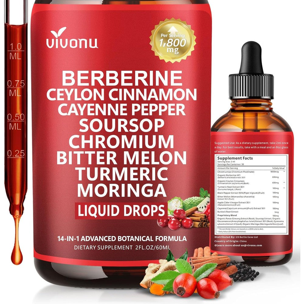 VivoNu 14 in 1 GLP1 Berberine and Ceylon Cinnamon Liquid Drops front view for metabolic support