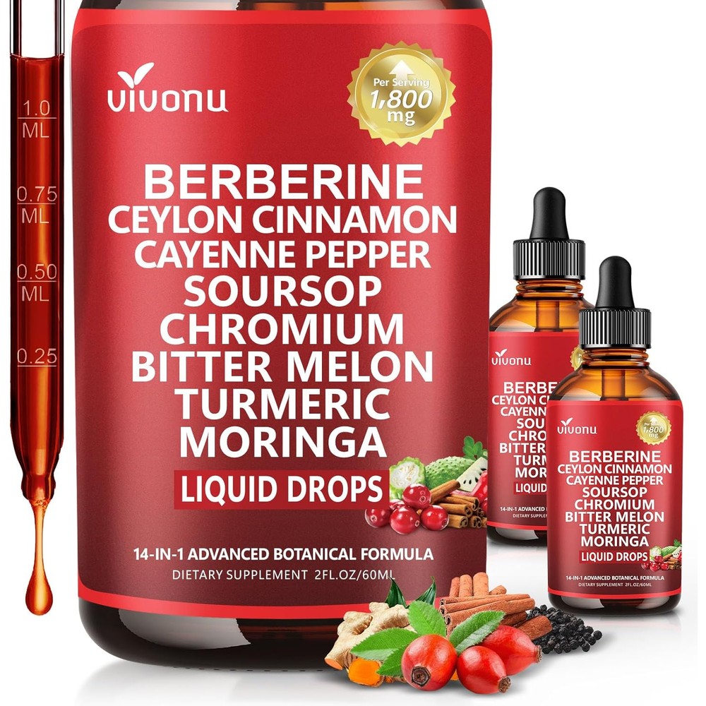 VivoNu 14 in 1 Berberine with Ceylon Cinnamon Drops front view of the 4 fluid ounce bottle