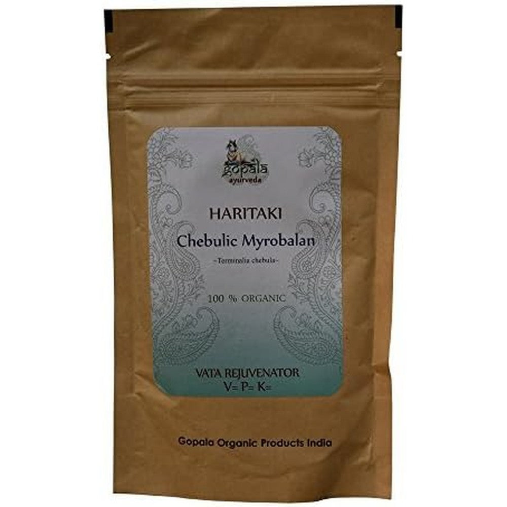 Gopala Organic Haritaki Powder front view vacuum sealed pouch package