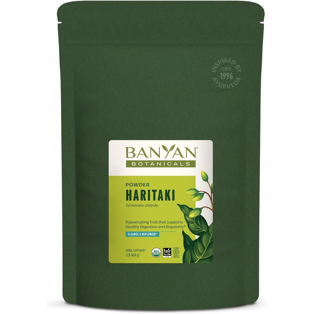 Banyan Botanicals Organic Haritaki Powder 1 pound package front view showcasing organic certification for digestive health.