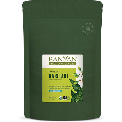 Banyan Botanicals Organic Haritaki Powder 1 pound package front view showcasing organic certification for digestive health.