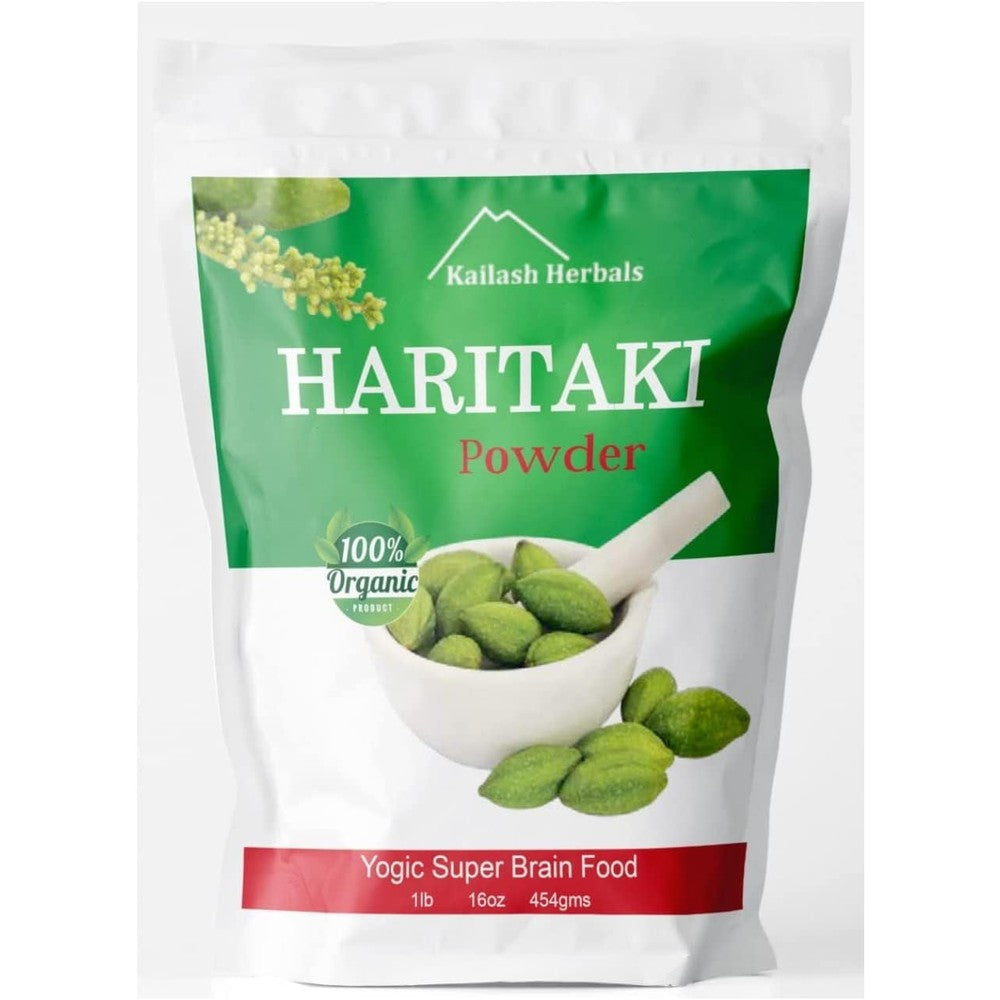 Kailash Herbals Organic Haritaki Powder front view pouch for Ayurvedic digestive support