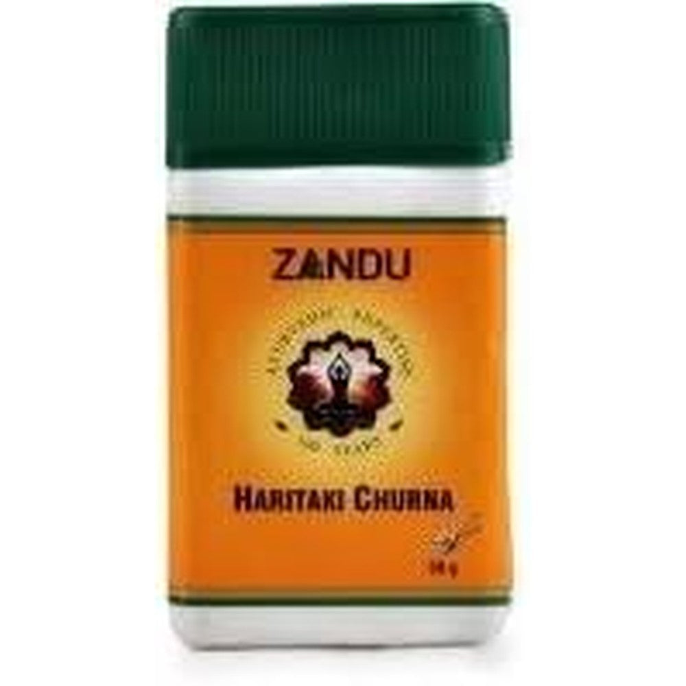 Zandu Haritaki Harde Churna digestive powder pack front view for natural constipation relief.