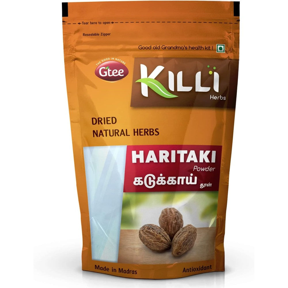 KILLI Haritaki Kadukkai Harad Powder 100g pouch front view showing natural herbal digestive cleanser packaging