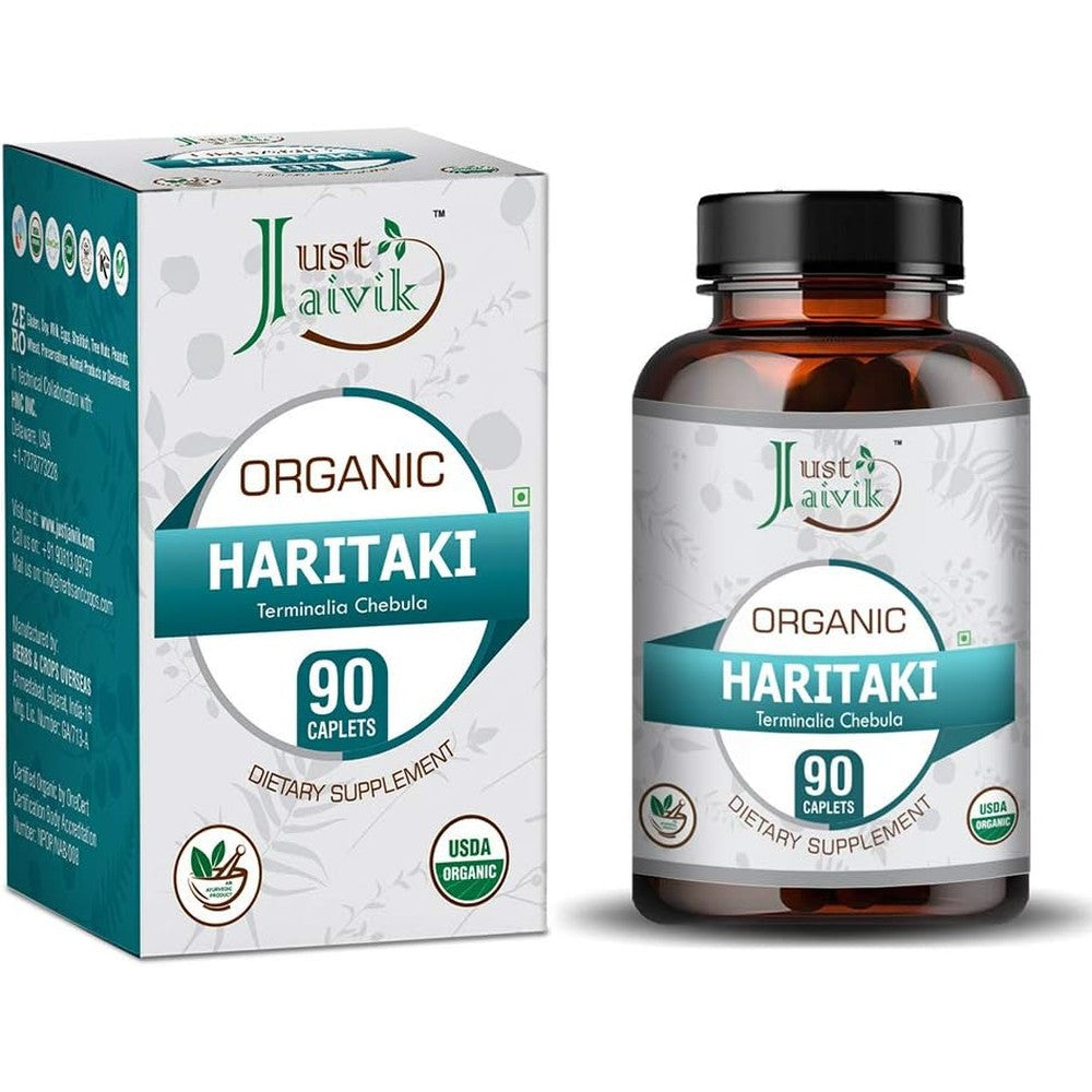 Just Jaivik Organic Haritaki 750 Mg 90 tablets bottle front view for digestive health