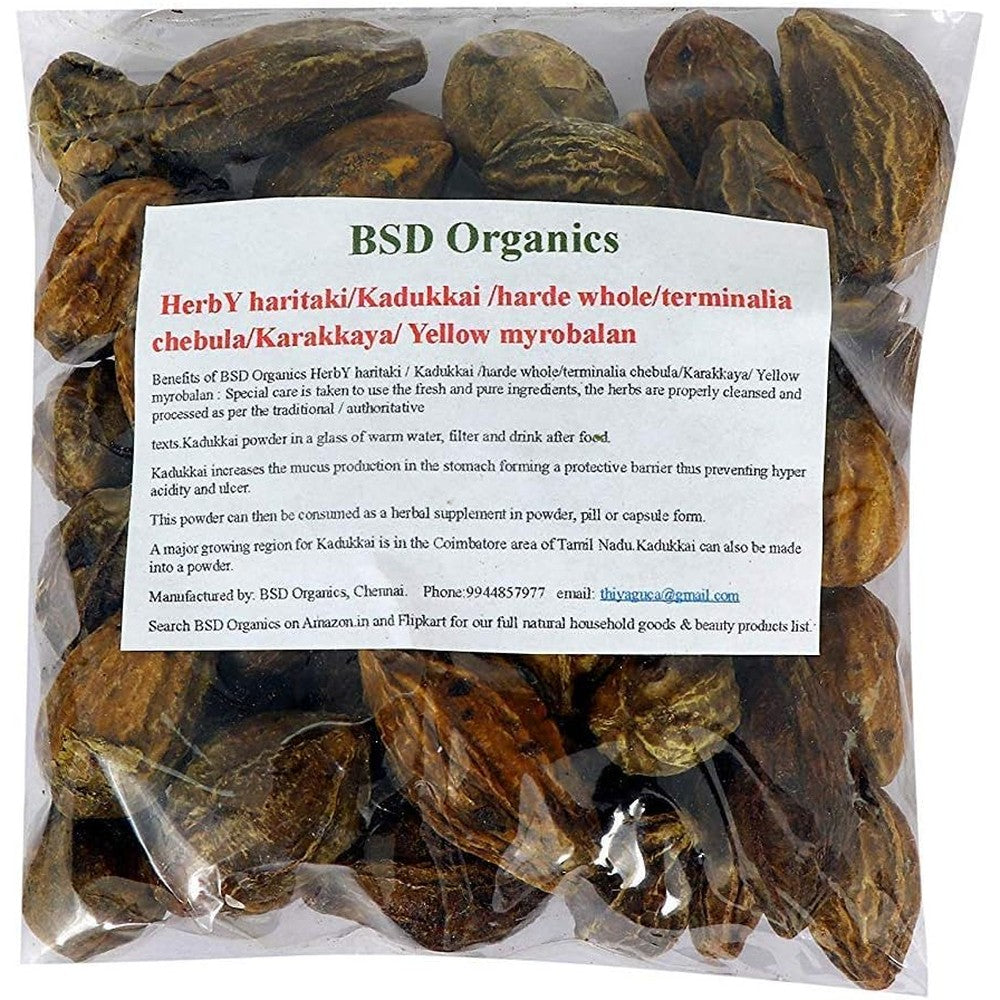 BSD Organics HerbY Whole Haritaki Kadukkai 1kg pack front view highlighting premium Terminalia Chebula dried fruits.