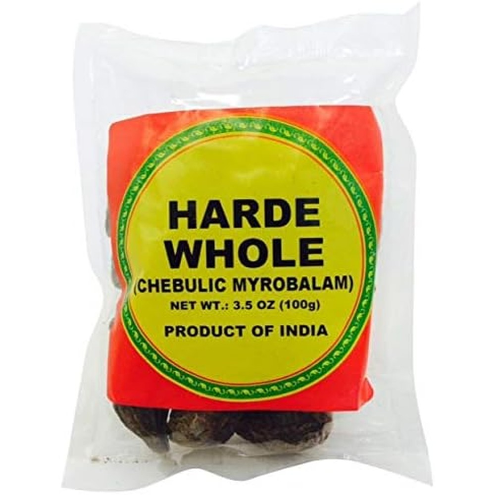 Raja Foods Harde Whole Chebulic Myrobalan 100g pack front view showing authentic dried Haritaki fruit for natural digestive wellness.