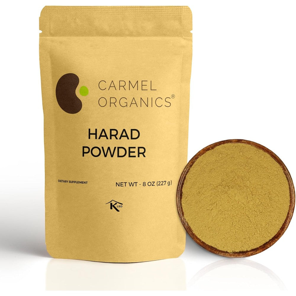 Carmel Organics Harad Haritaki Fruit Powder 8 ounce package front view showing organic certification