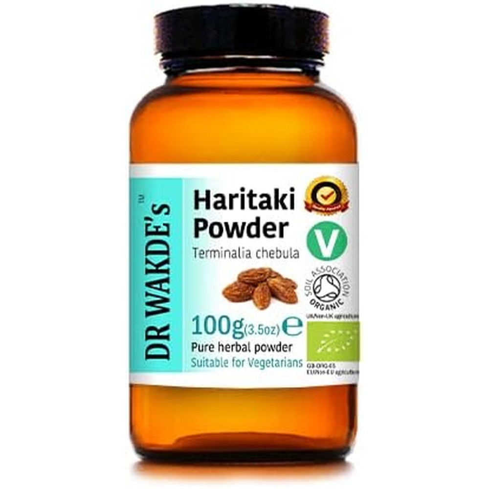 DR WAKDE'S Organic Haritaki Powder 100g glass bottle front view showing authentic Ayurvedic supplement label