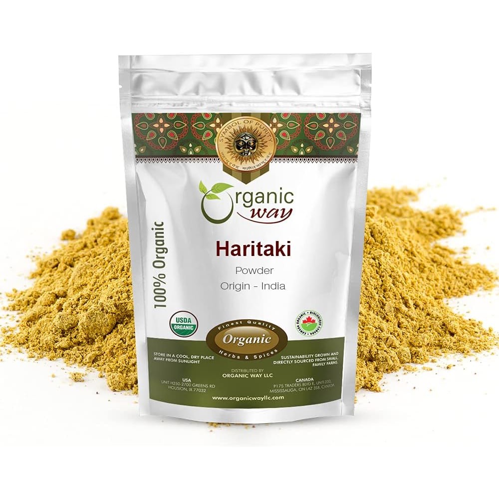 Organic Way Haritaki Organic Terminalia Chebula Powder sixteen ounce front pouch view for authentic Ayurvedic wellness.
