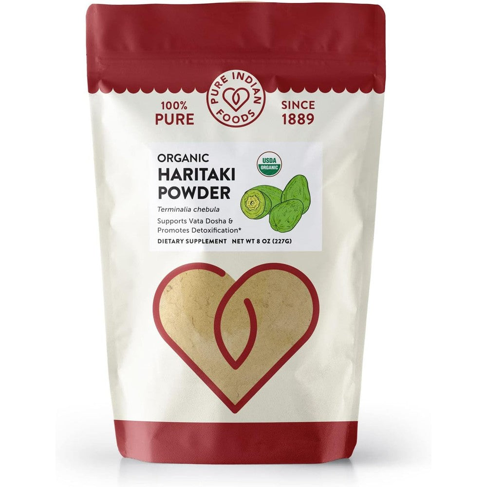 Pure Indian Foods Certified Organic Haritaki Powder front packaging
