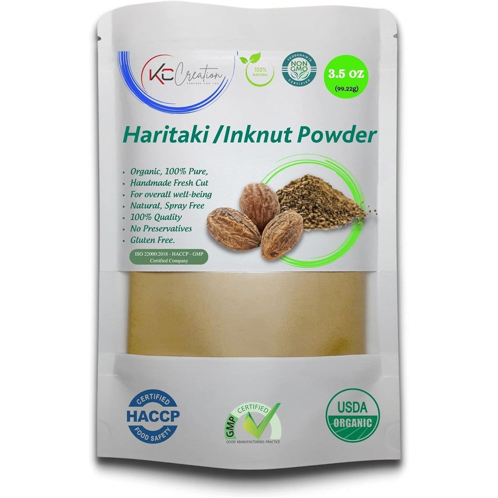 KC Creations Organic Haritaki Powder 100g pouch front view