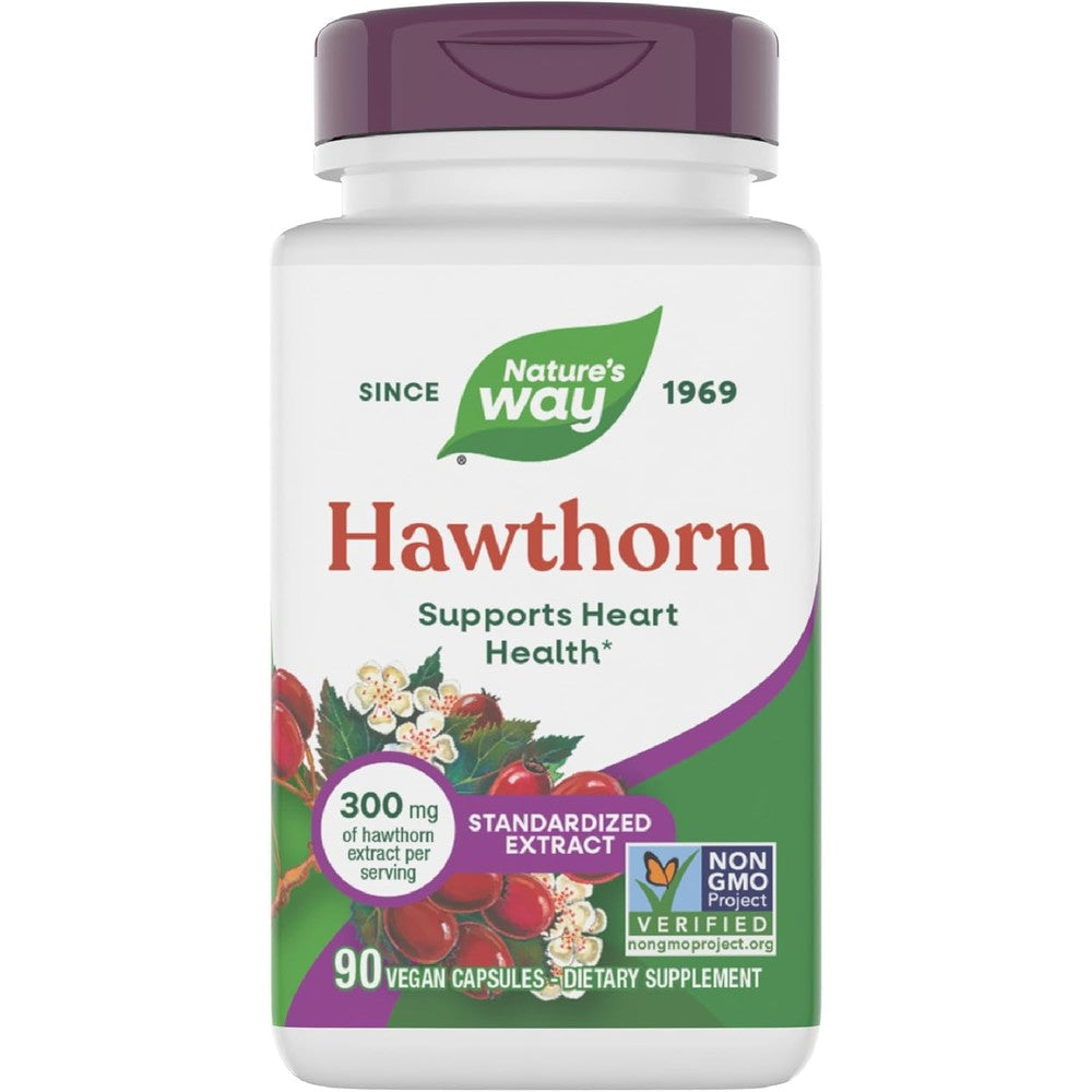 Nature's Way Hawthorn Standardized Extract 90 capsules front bottle view for authentic heart support supplement