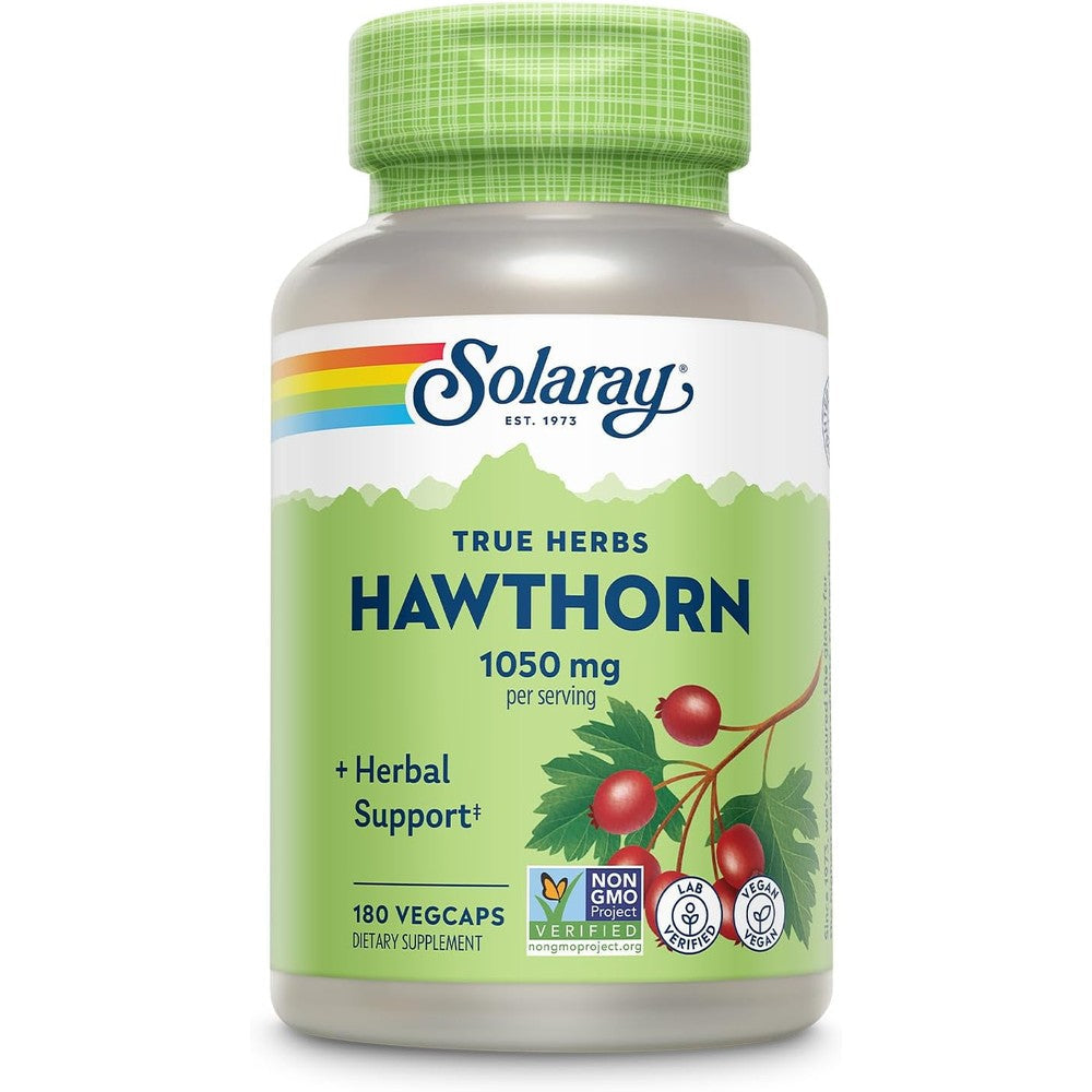 Solaray Hawthorn Berry 1050mg bottle front view showing herbal heart support facts